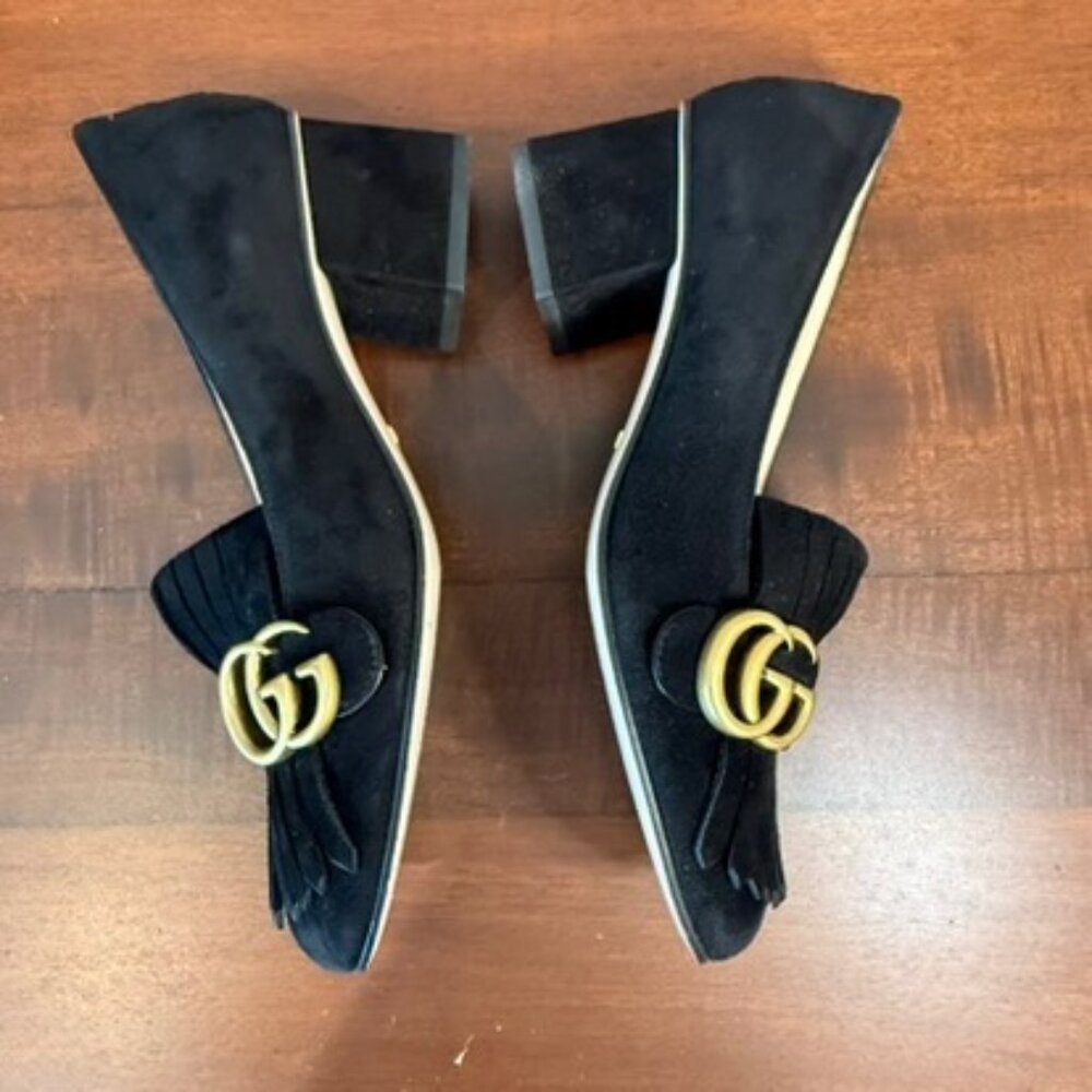Gucci GG Marmont Fringe Loafer Pumps Black Suede Block Heel EU 37 - Picture 6 of 10